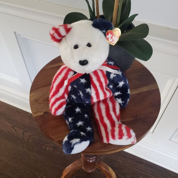 1999 Ty Large 14" Beanie Buddy Spangle Patriotic American Flag Stripes Bear - Picture 2 of 10